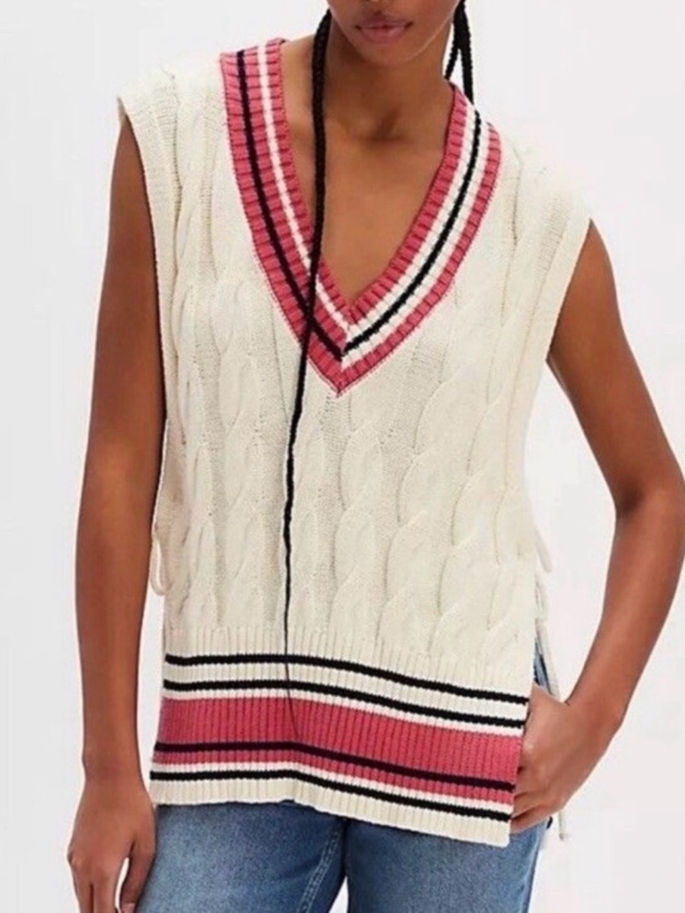 Free People Cable Knit Cricket Sweater Vest Cream Pink Side Tie Tunic NWT